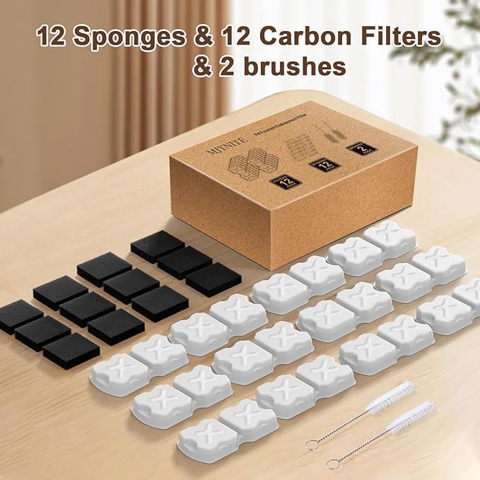 Cat Water Fountain Filter Replacement Kit - 12 Cat Fountain Filters, 12 Sponges & 2 Brushes, Compatible with Stainless Steel Pet Fountains