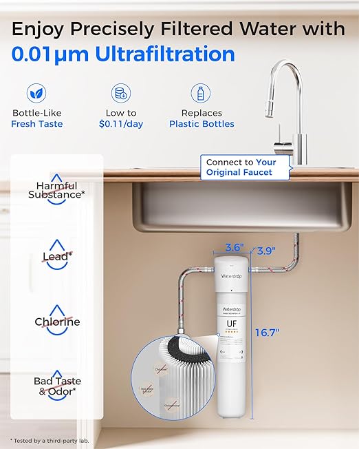 Waterdrop 15UAW-UF 0.01 μm Ultra Filtration Under Sink Water Filter System, 2 Years, Reduces Lead, Chlorine, Bad Taste & Odor, Connects Directly to Your Faucet