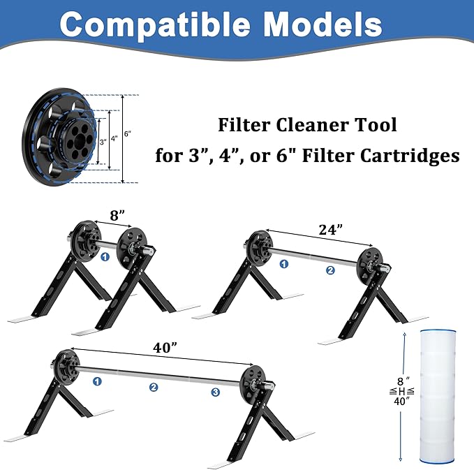 Pool Cartridge Filter Cleaner Tool with Stand, Filter Cleaner and Adapter Compatible with 3", 4", and 6" Cartridges, Sturdy Frame for Durable & Efficient Cleaning (Filter Cartridge Not Included)