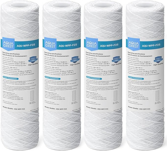 AQUA CREST 5 Micron 10"x2.5" String Wound Sediment Water Filter Cartridge for Well Water, Universal Replacement for Any 10 inch RO Unit, WP-5, Aqua-Pure AP110, CFS110, Culligan P5, WFPFC4002, 4Pack
