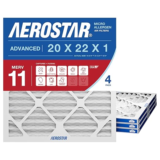 Aerostar 20x22x1 MERV 11 Pleated Air Filter, AC Furnace Air Filter, 4 Pack (Actual Size: 19 3/4"x21 3/4"x3/4")