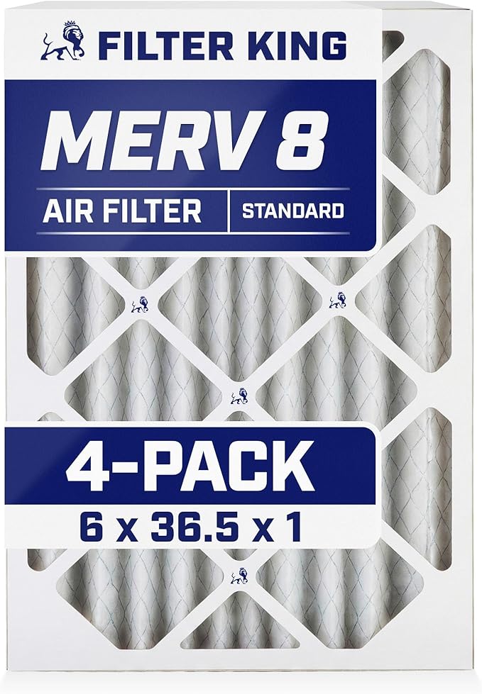 Filter King 6x36.5x1 Air Filter (MERV 8) (4-Pack) Dust & Allergy Control AC Furnace Filters, MADE IN USA, HVAC, Pleated, Electrostatic (Actual Size: 6 x 36.5 x .75)