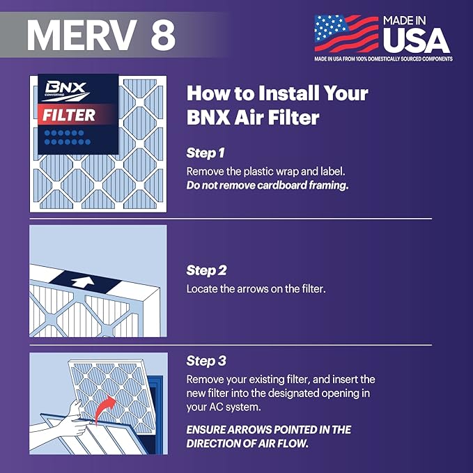 BNX TruFilter 20x24x1 Air Filter MERV 8 (6-Pack) - MADE IN USA – Dust & Pet Defense Electrostatic Pleated Air Conditioner HVAC AC Furnace Filters for Dust, Pet, Mold, Pollen MPR 600 – 700 & FPR 5