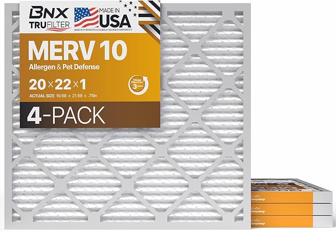 BNX TruFilter 20x22x1 MERV 10 (4-Pack) AC Furnace Air Filter - MADE IN USA - Pleated Air Conditioner HVAC AC Furnace Filters - Removes Odor, Mold, Bacteria, Smoke