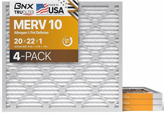 BNX TruFilter 20x22x1 MERV 10 (4-Pack) AC Furnace Air Filter - MADE IN USA - Pleated Air Conditioner HVAC AC Furnace Filters - Removes Odor, Mold, Bacteria, Smoke