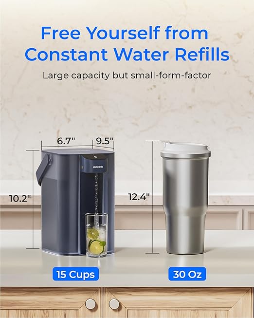 Waterdrop ED61B Water Filter Dispenser, 200-Gallon Rechargeable Water Pitcher, Instant 15-Cup Countertop System, 10X Filtration Efficiency, Reduce 98% Chlorine and 20+ Contaminants, Blue