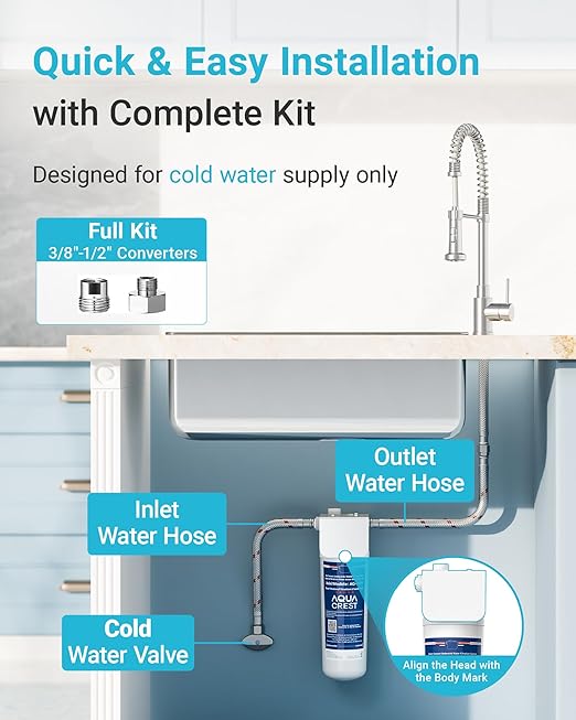 AQUA CREST UP16 Under Sink Water Filter System, Reduces up to 99.52% Chlorine, Bad Taste & Odor, Under Counter Water Filter Direct Connect to Kitchen Faucet, 11K Gallons