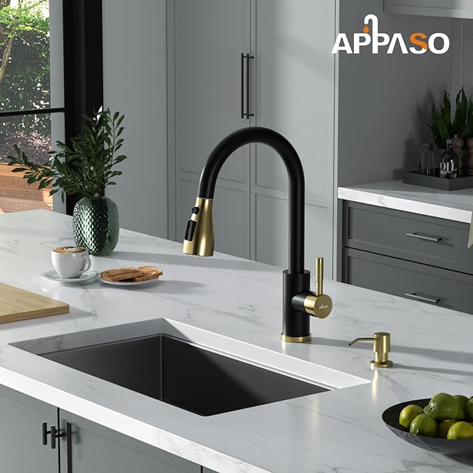 APPASO Black and Gold Kitchen Faucet, CUPC-Certified Hoses, Lead-Free Sink Faucets with Soap Dispenser and Pull Down Sprayer 3 Modes, High Arch Faucet with Deck Plate for 1 to 4 Holes Sink
