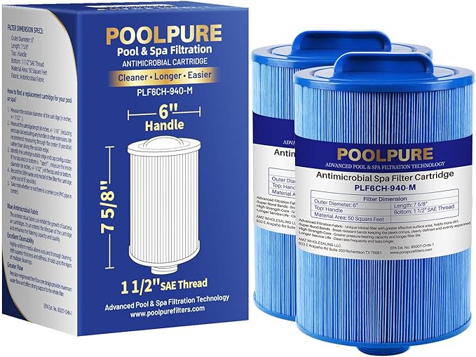 POOLPURE 6CH-940 Spa Filter Replaces PWW50P3(1 1/2" Coarse Thread), 817-0050, Filbur FC-0359, 25252, 03FIL1400, Waterway Front Access Skimmer (Anti-Biofilm (PRO))
