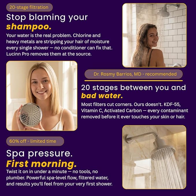 Lucinn Pro Filtered ShowerHead | Filtered Showerhead - Removes 99% Chlorine & Heavy Metals, Improves Hair & Skin, Easy Install, Includes 20-Stage Filter