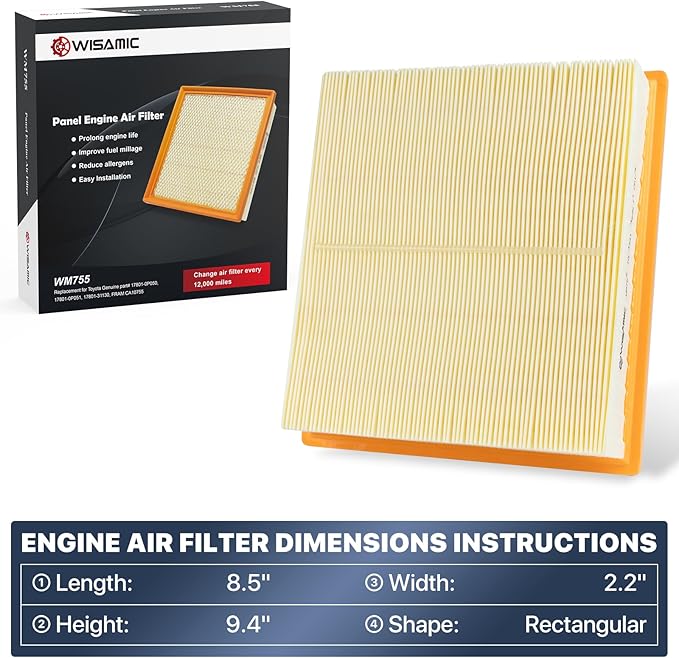 WISAMIC Engine Air Filter CA10755 Replace for Some Lexus, Toyota, Jeep （Non-Diesel）, Dodge and Camry models, Provides Up to 12 Months or 12,000 Miles Filter Protection