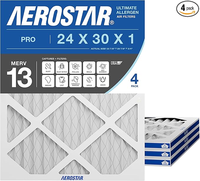Aerostar 24x30x1 MERV 13 Pleated Air Filter, AC Furnace Air Filter, 4 Pack (Actual Size: 23 7/8" x 29 7/8" x 3/4")