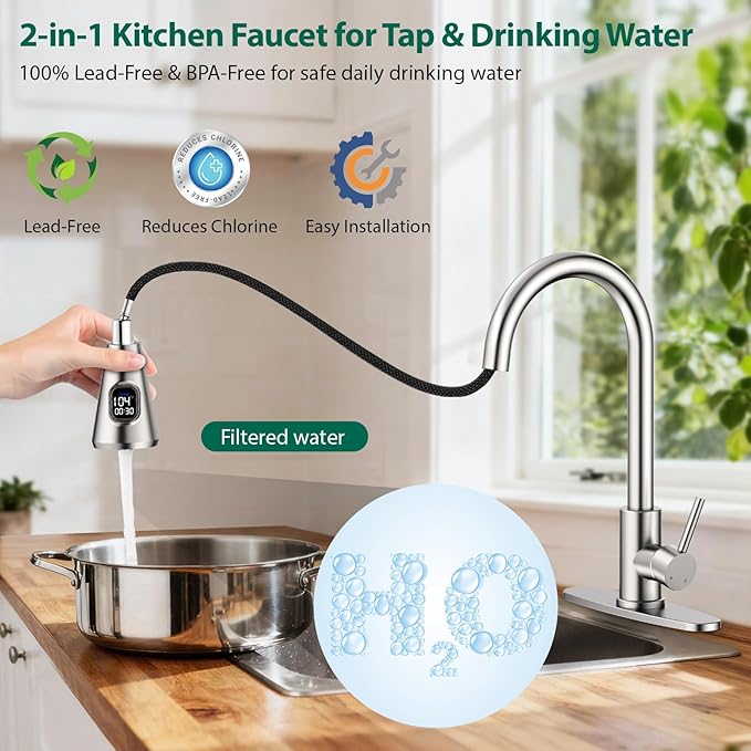 HOMELODY Upgraded Filter Water Kitchen Faucet with Pull Down Sprayer - LED Temperature Display Kitchen Faucets 1 Or 3 Hole Kitchen Sink Faucet for Remove Lead, Chlorine, Bad Taste & Odor