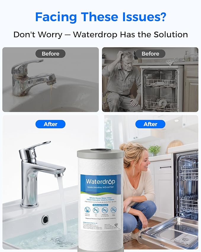 Waterdrop WF10F Whole House Water Filter, Iron Filter, Compatible with WHF21-FG, Reduces Iron & Manganese Filter Cartridge, 6 Months, 2 Pack