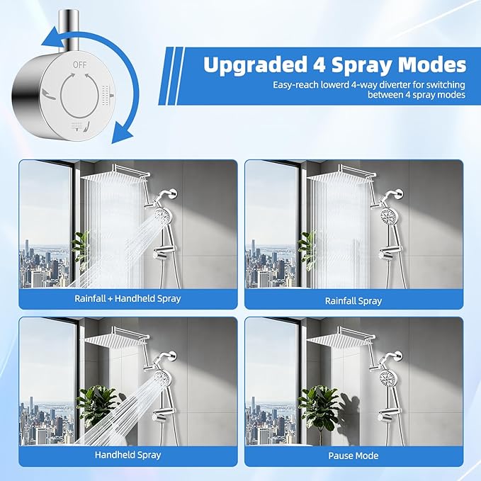 12" All-Metal High-Pressure Rain Shower Head with Handheld - 10-Spray Power Wash with Filter Element, Easy Reach 4-Way Diverter and Adjustable Holder, Flexible 16" Extension Arm and 71" Hose, Chrome