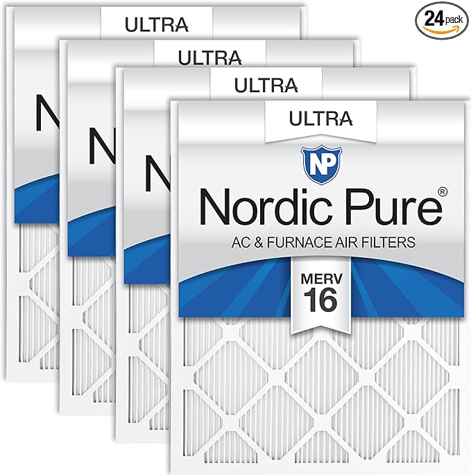 Nordic Pure 20x24x1 (Actual Size: 19 1/2 x 23 7/16 x 3/4) Pleated Ultra MERV 16 AC Furnace Air Filters–With 2.5X More Media for Allergy & Dust Relief, Max Efficiency & Low Airflow Resistance 24 Pack