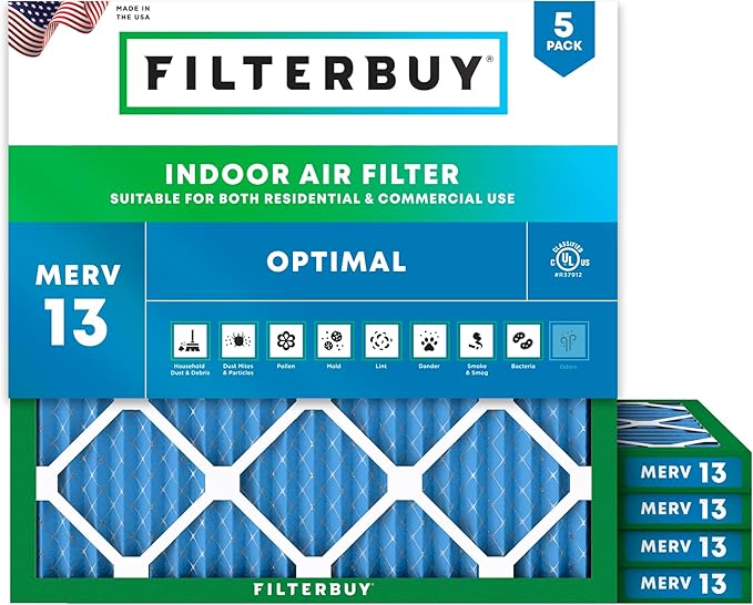 Filterbuy 30x30x1 Air Filter MERV 13 Optimal Smoke & Allergy Defense (5-Pack), Electrostatic Pleated HVAC AC Furnace Filters Replacement, Made in USA (Actual Size: 29.50 x 29.50 x 0.75)