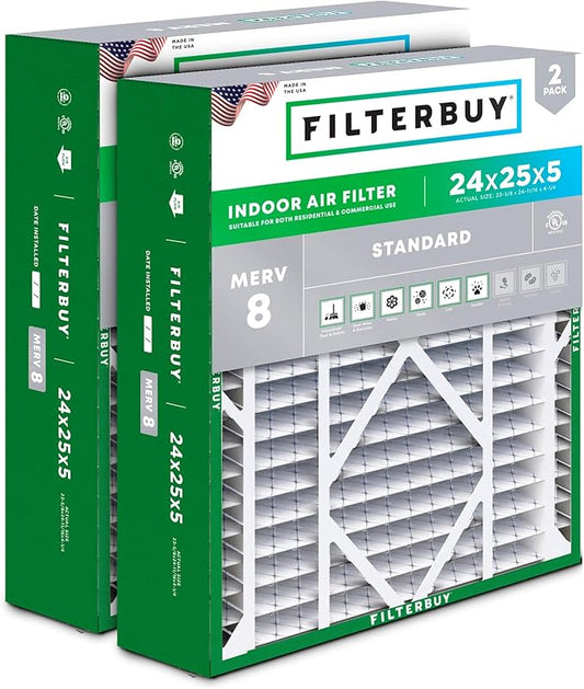 Filterbuy 24x25x5 Air Filter MERV 8 Essential Dust & Allergy Defense (2-Pack), Electrostatic Pleated HVAC AC Furnace Filters for Carrier FILXXCAR0024, Maytag & More (Actual Size: 23.63 x 24.69 x 4.25)
