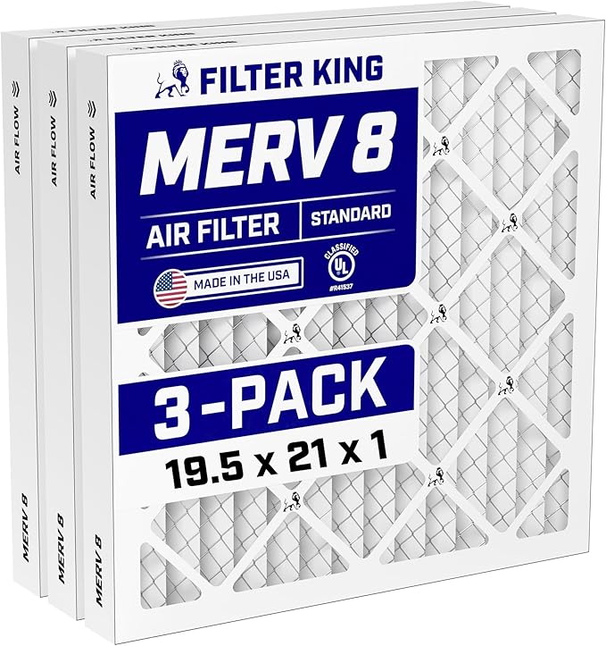 Filter King 19.5x21x1 Air Filter (MERV 8) (3-Pack) Dust & Allergy Control AC Furnace Filters, MADE IN USA, HVAC, Pleated, Electrostatic (Actual Size: 19.5 x 21 x .75)