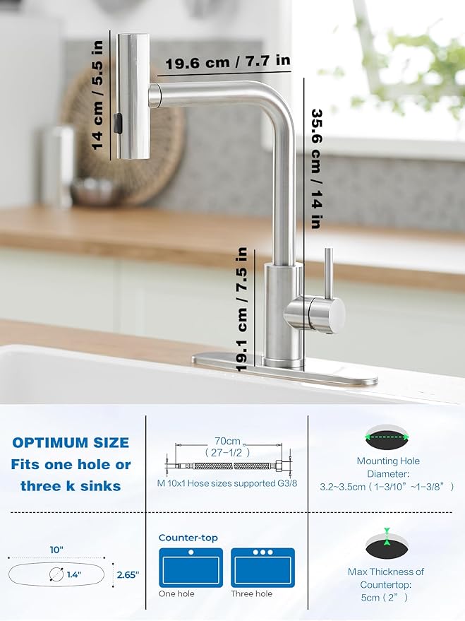 Kitchen Faucets with Pull Down Sprayer,Waterfall Kitchen Sink Faucet,Commercial Utility Stainless Steel Kitchen Faucets,Single Handle Kitchen Sink Faucet with Pull Down Sprayer for 3 Function,Brushed