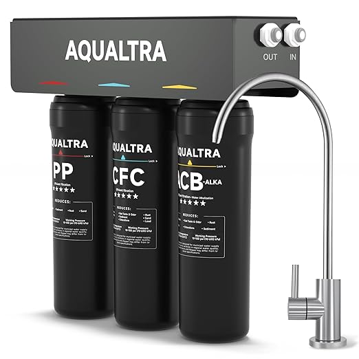 AQUALTRA USF-3F-10 Slightly Alkaline Under Sink Water Filter System, 8K-32K Gal with Faucet, Reduce PFOA, PFOS, Chlorine, Lead, Mercury, Chloramine, Fluoride, Microplastics Particles, Bad Taste & Odor