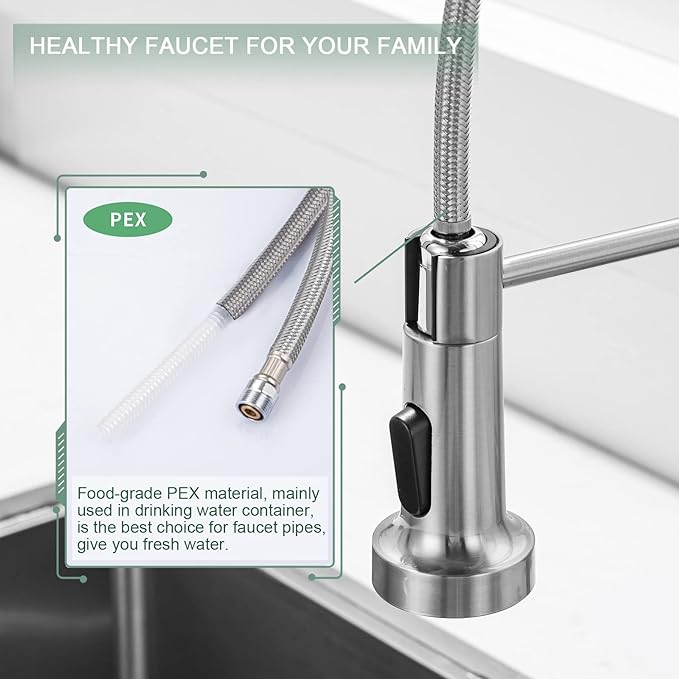 WEWE Kitchen Faucets, Brushed Nickel Kitchen Faucet with Pull Down Sprayer, Industrial Spring Single Handle Stainless Steel Kitchen Sink Faucet with Deck Plate, 1 Hole or 3 Hole for Laundry Rv