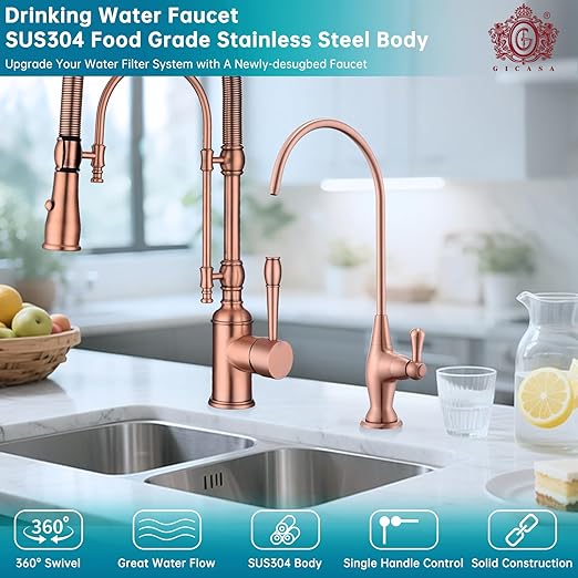 Sink Drinking Water Faucet, Sink Water Filter System, Suitable for Most Reverse Osmosis or Water Filtration Systems, Stainless Steel Reverse Osmosis Faucet for Kitchen Bar, Red Copper