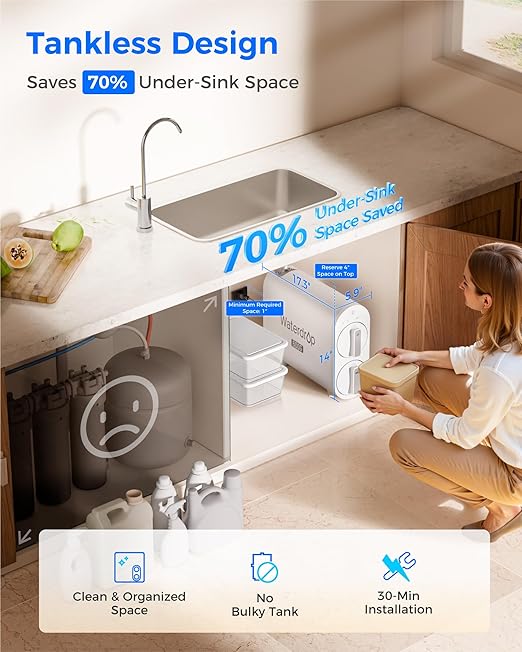 Waterdrop G2P600 Reverse Osmosis System, TDS Reduction, 7 Stage Water Filtration, NSF/ANSI 372 Certified, 600 GPD Tankless RO Water Filter System, Under Sink, 2:1 Pure to Drain