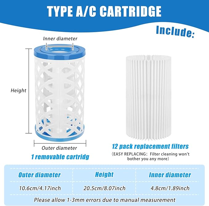 Universal Pool Filter Cartridge Type A/C or III, 12 Pack Reusable Swimming Pool Filter for Above Ground Pools, Efficient Filtration & Keep the Water Clean