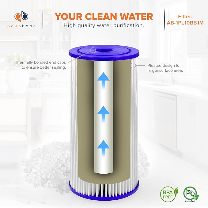 Aquaboon 1 Micron Pleated Water Filter 10 x 4.5 for Whole House Sediment Water Filter Replacement Compatible with Well Filters FXHSC, R50-BBSA (4-PACK)
