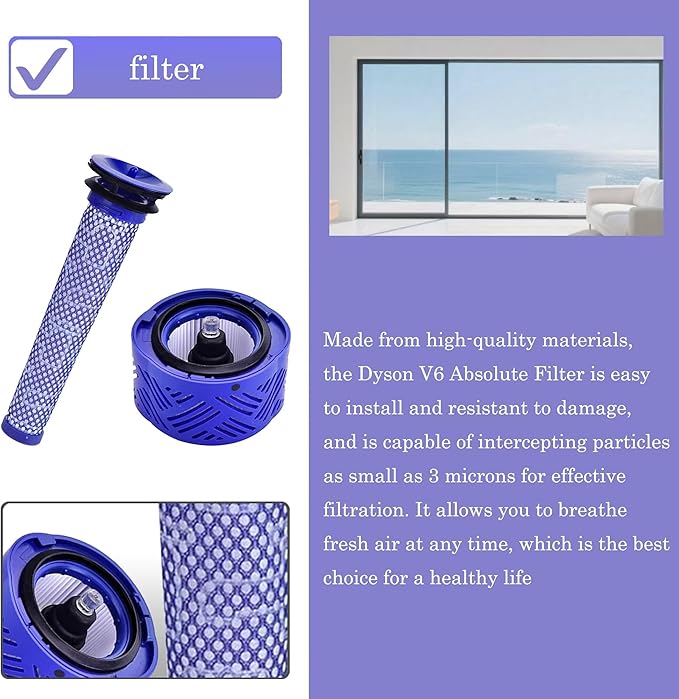 Suitable for Dyson V6 Absolute Vacuum Filter Replacement Set, Blue, 2 Front and 2 Rear Filters with Cleaning Brush, Compatible with V6 Series
