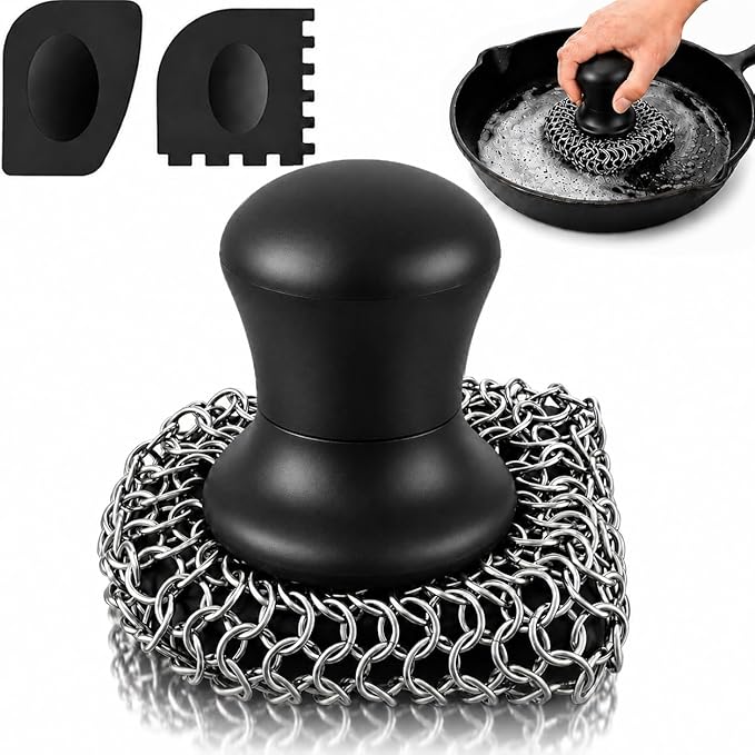 Cast Iron Scrubber and Scraper | 316 Chainmail Scrubber for Cast Iron Pan Skillet Cleaner | Chain Mail Scrubber for Dishes Pots Wok Griddle Grill | Dish Scouring Pad Dishwasher Safe, Black 01