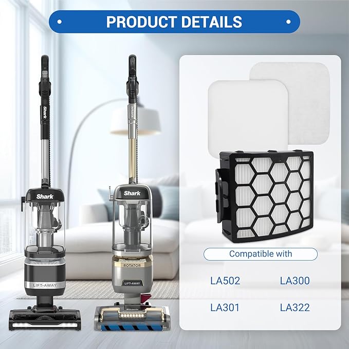 LA502 Filter Replacement for Shark LA300 LA301 LA322 LA500 LA555 LA500WM LA455 LA702 LA360 LA362 LA351 LA401 Rotator Lift-Away ADV DuoClean Upright Vacuum, Part XFFK320 & XHF320, 2 HEPA 4 Foam