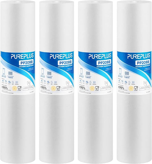 PUREPLUS 1 Micron 20" x 4.5" Whole House Sediment Home Water Filter Replacement Cartridge, Compatible with DGD-2501-20, AP810-2, P1-20BB, FP25B, FPMB-BB1-20, SDC-45-2001, 4 Pack