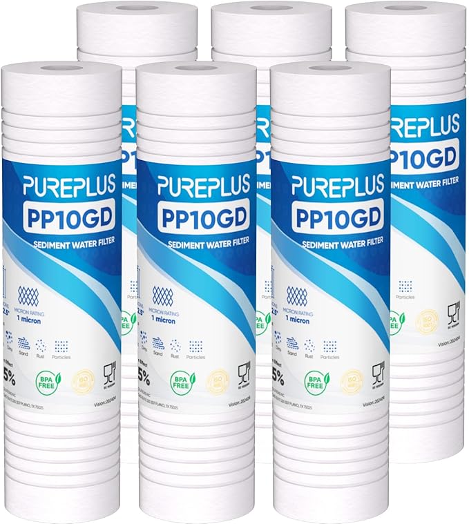 PUREPLUS 1 Micron 10" x 2.5" Whole House Grooved Sediment Home Water Filter, Replacement Cartridge for 10 inch RO Pre-Filter & RV Housing, AO-WH-PREV-R2, AP110, WHKF-G05,AB-SGR5M, GXWH20S,CFS10, 6Pack