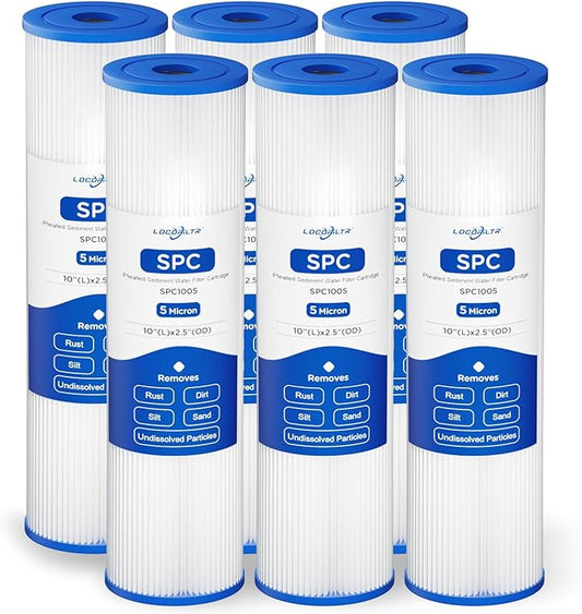 Whole House 5 Micron 10" x 2.5" Pleated Sediment Well Water Filter Cartridge Replacement for ECP5-10, SPC-25-1005, W5CP, FM-5-975, WPC5-975, PWPL10M5, 801-5, SPF-25-1005, PS-27097-05 (Pack of 6)