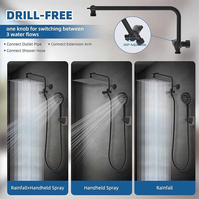 12" All Metal Shower Head, High Pressure Rainfall Shower Head/Handheld Showerhead Combo with 11" Adjustable Shower Extension Arm, 71" Hose, Shower Head Holder, Matte Black