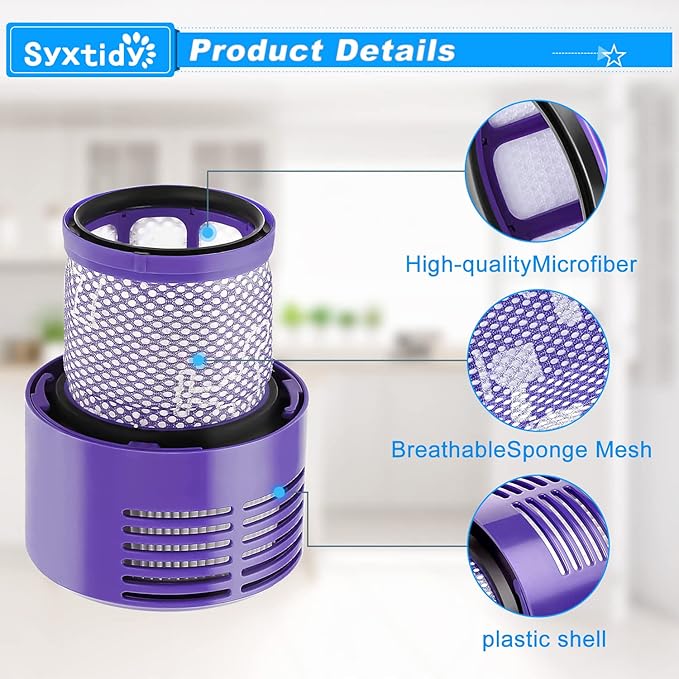 V10 Filter Replacement for Dyson V10 Cyclone series, V10 Absolute, V10 Animal, V10 Total Clean, Part No.969082-01, Purple,2 Pack Filters and 1 Clean Brush