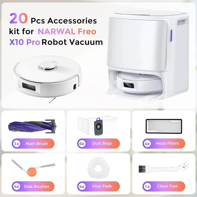 20 Pcs Accessories kit for NARWAL Freo X10 Pro Robot Vacuum, 1 Main Brush, 6 Dust Bags, 4 Hepa Filters, 4 Mop Pads, 4 Side Brushes, 1 Clean Tool, Replacement Parts with Narwal Freo X10 Pro