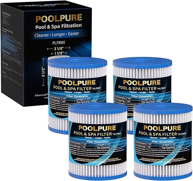 POOLPURE Type I Pool Filter Cartridge, Compatible with Summer Waves Type I P53RX0330000 / P53FX0330000, 58093, for Summer Waves Above Ground Pool Pump,300/330 Gal/H Filter Pump, Pack of 4