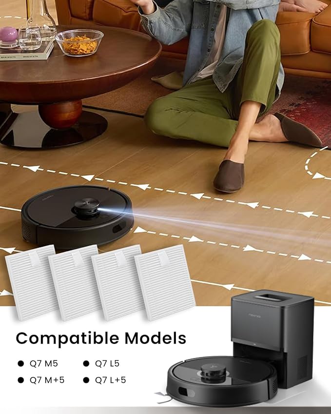 4-Pack Replacement HEPA Filter Compatible with Roborock Q7 M5/Q7 M5+/Q7 L5/Q7 L5+ Robot Vacuum Cleaner | Replacement Washable Filter, High-Efficiency Filters Replacement Parts