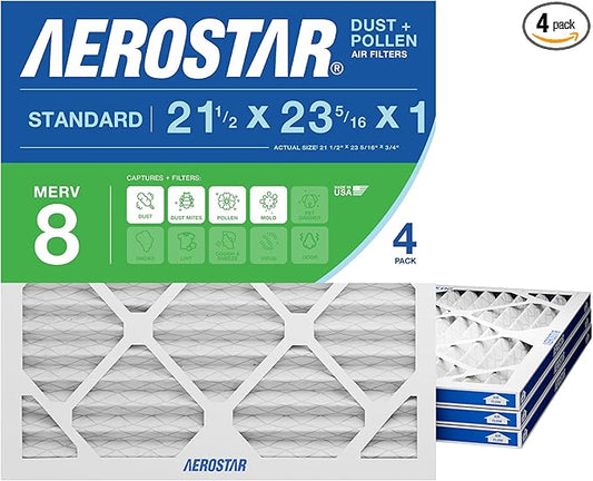 Aerostar 21.5x23.3125x1 MERV 8 Pleated Air Filter, 4 Pack, AC Furnace Filters, HVAC Filter, Air Conditioner Filters, Heater Filters Replacement for Home (Actual Size: 21.5x23.3125x0.75)