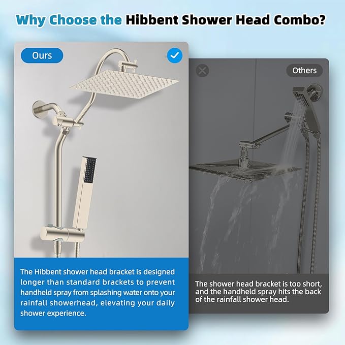 Hibbent cUPC Certified High Pressure 12'' Rainfall Shower Head, Showerhead Combo with 4-mode Handheld Spray, 12'' Adjustable Extension Arm, Extension Bar, Easy Reach Holder, 71'' Hose, Brushed Nickel