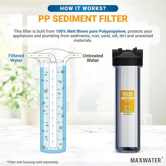 Max Water 5 Micron 20 x 4.5 Sediment Filter 20 inch Whole House BB Water Filtration System Replacement Cartridge Compatible with DGD-5005-20, FP25B, AP810-6, FPMB5-20, P5-20, 155358-43, SDC-45-2005