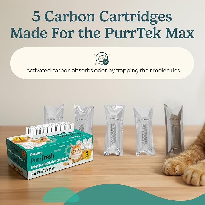 PetCove Cat Litter Box Odor Absorber – PurrTek Max Activated Charcoal Replacement Pods – 5 Pack Fragrance Free Ammonia Scent Eliminator Cartridges for Freshness