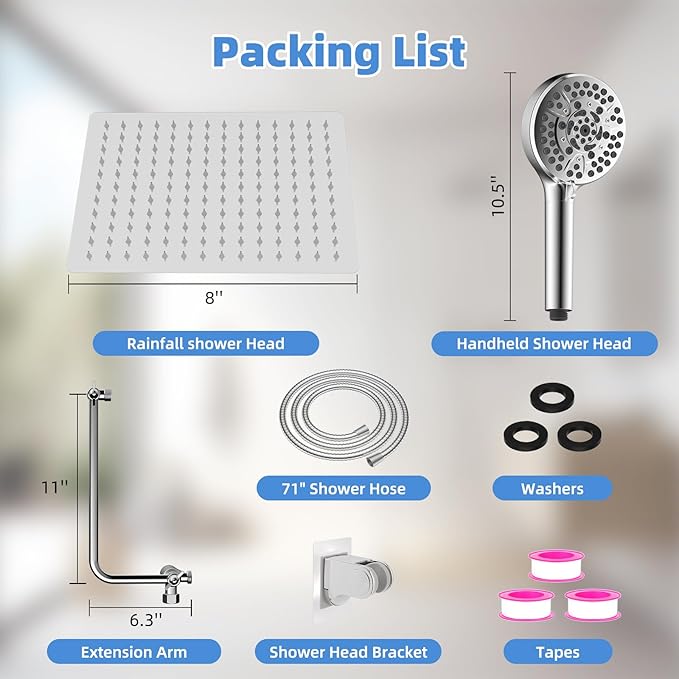 All Metal Shower Head, 8" High Pressure Rainfall/Handheld Shower Combo with 11" Extension Arm, 10-Spray Handheld Showerhead, 71" Long Hose, 3-Way Diverter Valve, Chrome