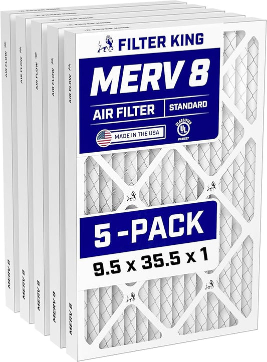 Filter King 9.5x35.5x1 Air Filter (MERV 8) (5-Pack) Dust & Allergy Control AC Furnace Filters, MADE IN USA, HVAC, Pleated, Electrostatic (Actual Size: 9.5 x 35.5 x .75)