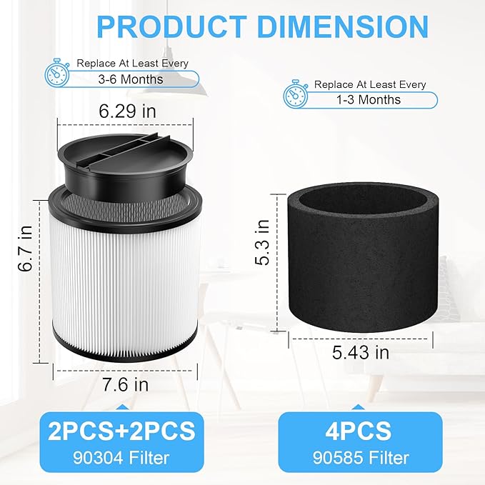 Replacement Filter Compatible with Shop-Vac 90350 90304 90333 Replacement fits most Wet/Dry Vacuum 5 Gallon and above, 2 pcs 90304 filters with caps and 4pcs 90585 foam filters