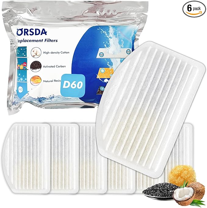 ORSDA Cat Water Fountain Filters, 6 Pack Replacement Carbon, Resin Filters ONLY for D60 100oz/3L Automatic Pet Fountain Cat Water Fountain Dog Dispenser