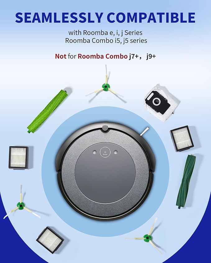 Replacement Parts & Accessories for i-Robot E, I & J Series, Combo i5, j5 Series Robot Vacuum, 2 Dual Multi-Surface Rubber Brushes & 6 HEPA Filter & 6 Edge-Sweeping Brushes